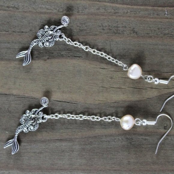 Hand crafted Fresh Water Pearl & Mermaid Dangle Earrings - Picture 4 of 6